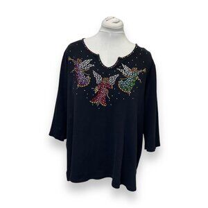 Quacker Factory Womens Angel Studded 3/4 Sleeve Top 2X Black Cotton Holiday Shir